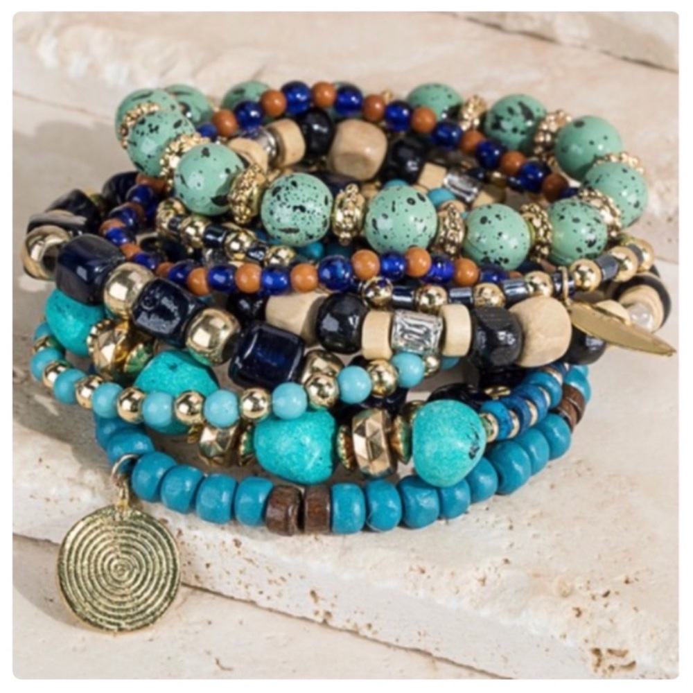 1 LEFT! Stunning Layered Stacking Turquoise Bracelet Set - Picture 2 of 5